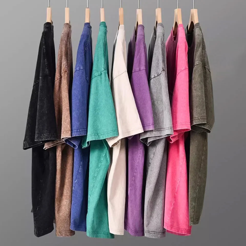 Men's Retro Washed T Shirt 230G Heavy Cotton Oversized Summer Tee Loose Short Sleeve Streetwear Casual Basic Male Clothes